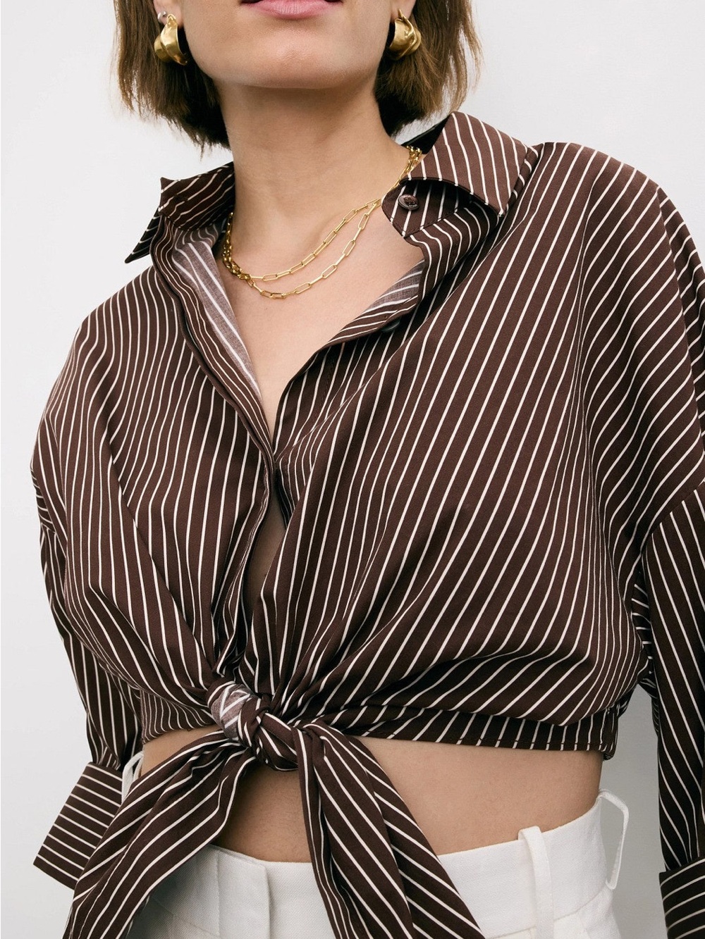STAUD Striped Tie-Front Crop Shirt - Brown size XS MSRP $300